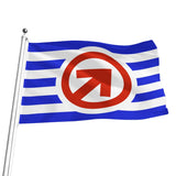 A waving solosexual/bator flag on a silver pole, featuring horizontal blue and white stripes with a large red circle and arrow symbol in the center, isolated on a white background.