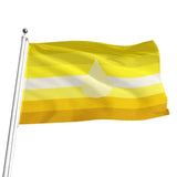 A yellow and white striped flag with a central pale yellow teardrop shape, attached to a silver flagpole against a plain white background.
This is the watersports bottom flag (aka: golden showers, piss play).