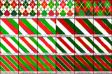 6x5 grid showing samples of plaids and stripes based on Yule/Christmas colours, most with rainbow accents. For more descriptions, feel free to contact us.