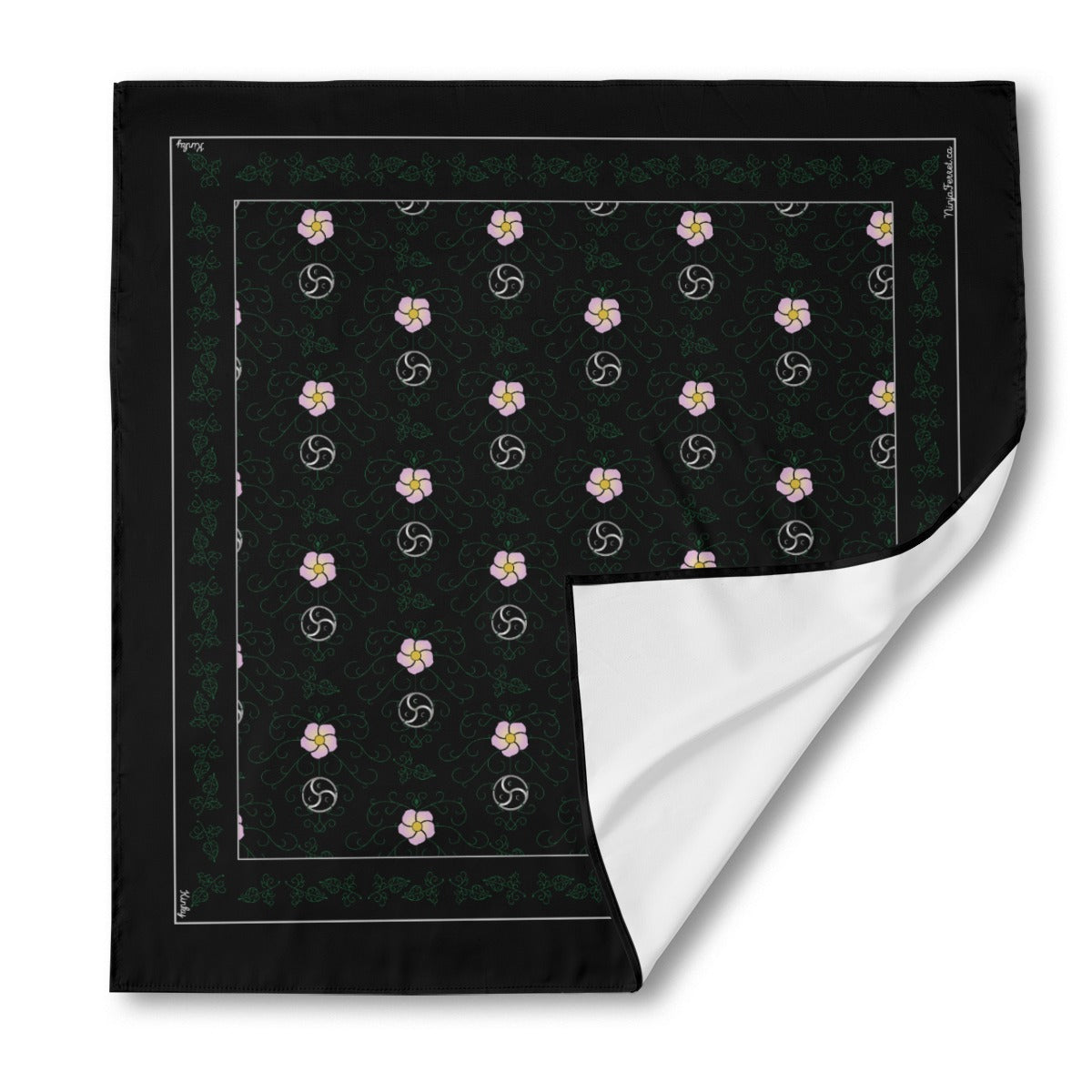 The 'Kinky' (black) silk bandana shown as a flat square, with the bottom-right corner peeled up to show the white, unprinted reverse side of the fabric.
