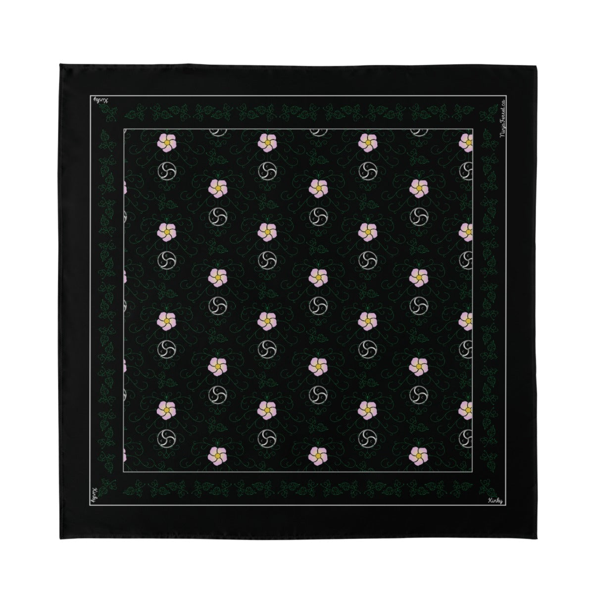 A top-down, flat lay view of the 'Kinky' hanky code bandana. The square black fabric features the all-over BDSM vine pattern with pink flowers and the word 'Kinky' written in the border.