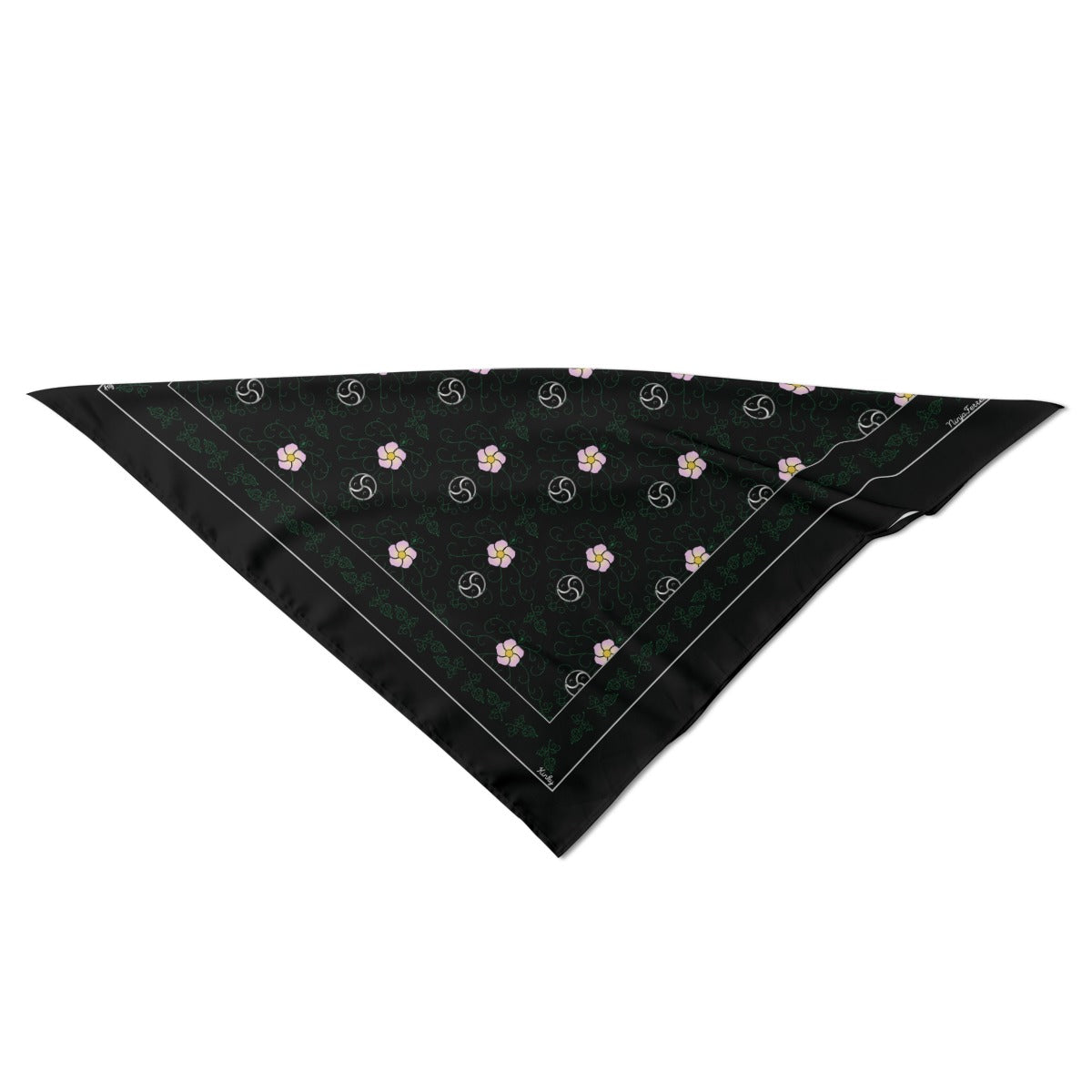 The 'Kinky' (black) BDSM vine hanky code bandana folded in half diagonally to form a triangle, showing how it looks when prepared to be worn.