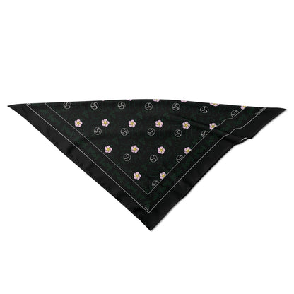 The 'Kinky' (black) BDSM vine hanky code bandana folded in half diagonally to form a triangle, showing how it looks when prepared to be worn.