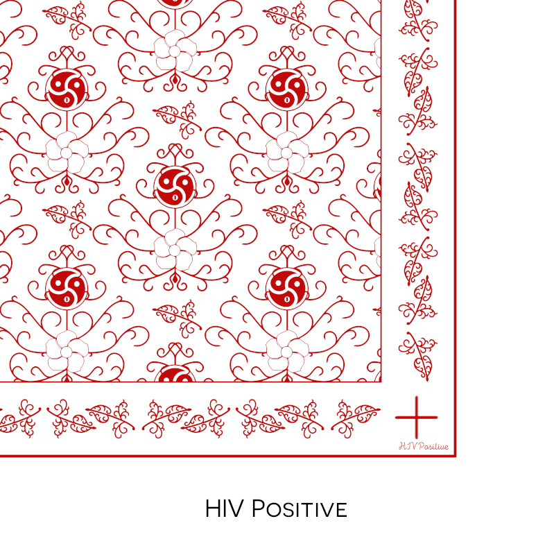 Close-up color swatch of the red pattern on white hanky code bandana with its meaning, 'HIV positive', written below.
