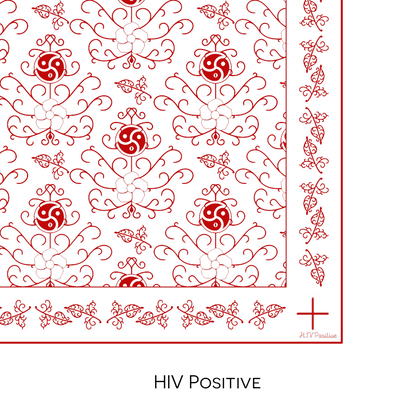 Close-up color swatch of the red pattern on white hanky code bandana with its meaning, 'HIV positive', written below.