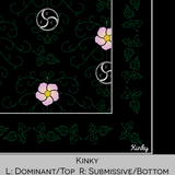 Close-up color swatch of the Kinky (black with pattern of green vines, wild roses, and black and grey BDSM triskeles) hanky code bandana with its meaning, 'Kinky', written below.