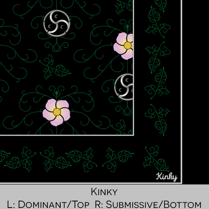 Close-up color swatch of the Kinky (black with pattern of green vines, wild roses, and black and grey BDSM triskeles) hanky code bandana with its meaning, 'Kinky', written below.
