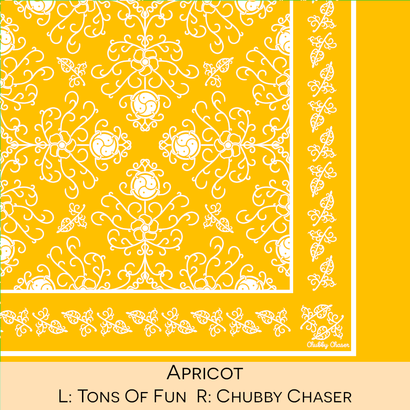 Close-up color swatch of the apricot hanky code bandana with its meaning, 'chubby chaser', written below.