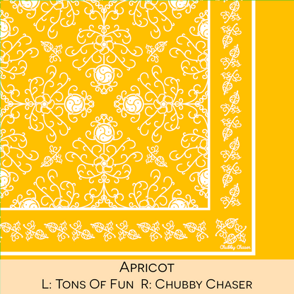 Close-up color swatch of the apricot hanky code bandana with its meaning, 'chubby chaser', written below.