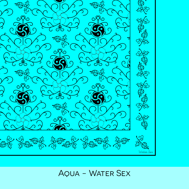 Close-up color swatch of the aqua hanky code bandana with its meaning, 'water sex', written below.