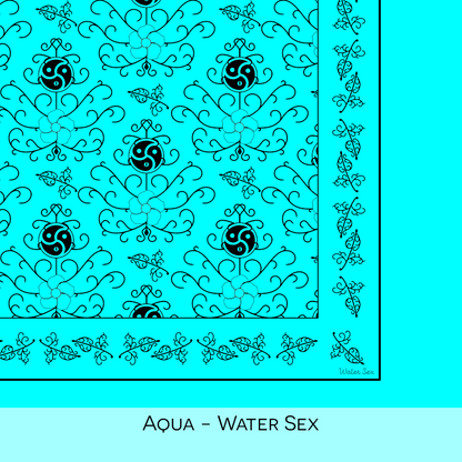 Close-up color swatch of the aqua hanky code bandana with its meaning, 'water sex', written below.