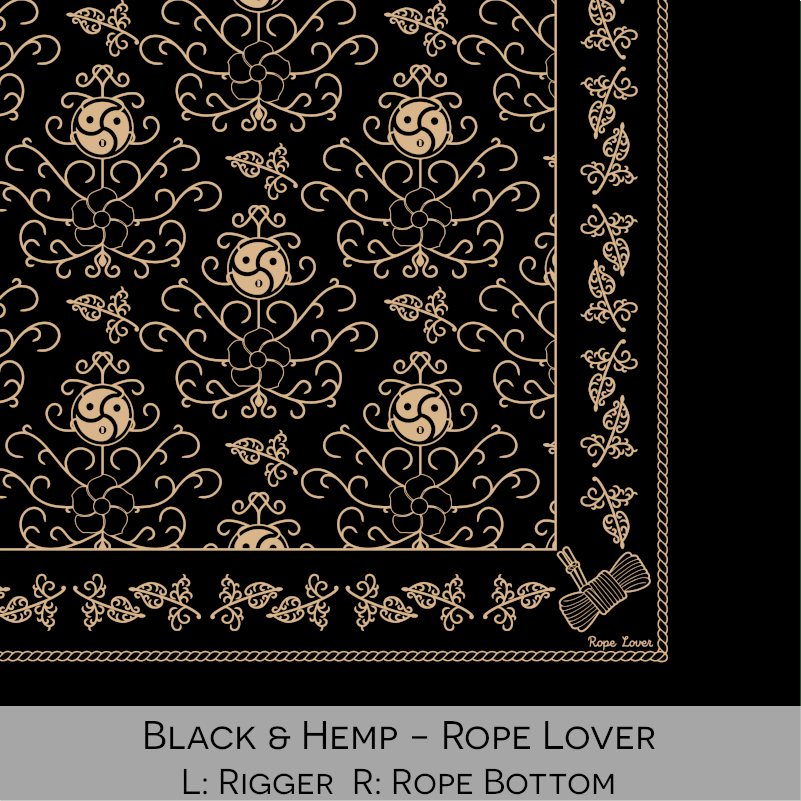 Close-up color swatch of the black and hemp tan hanky code bandana with its meaning, 'rope lover', written below.