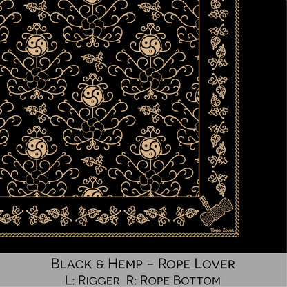 Close-up color swatch of the black and hemp tan hanky code bandana with its meaning, 'rope lover', written below.