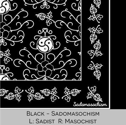 Close-up color swatch of the black hanky code bandana with its meaning, 'sadomasochism', written below.