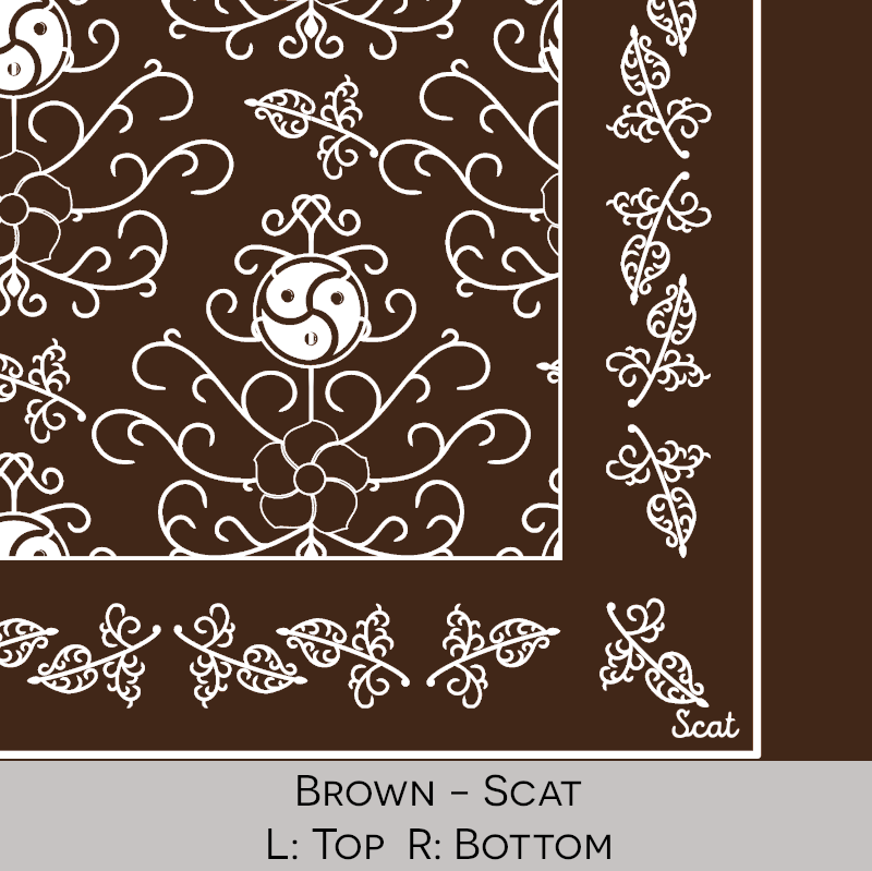 Close-up color swatch of the brown hanky code bandana with its meaning, 'scat', written below. 