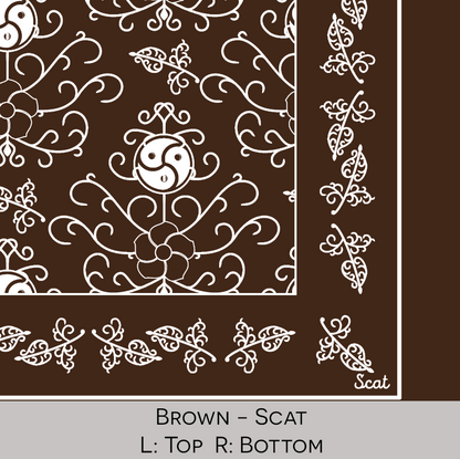 Close-up color swatch of the brown hanky code bandana with its meaning, 'scat', written below. 