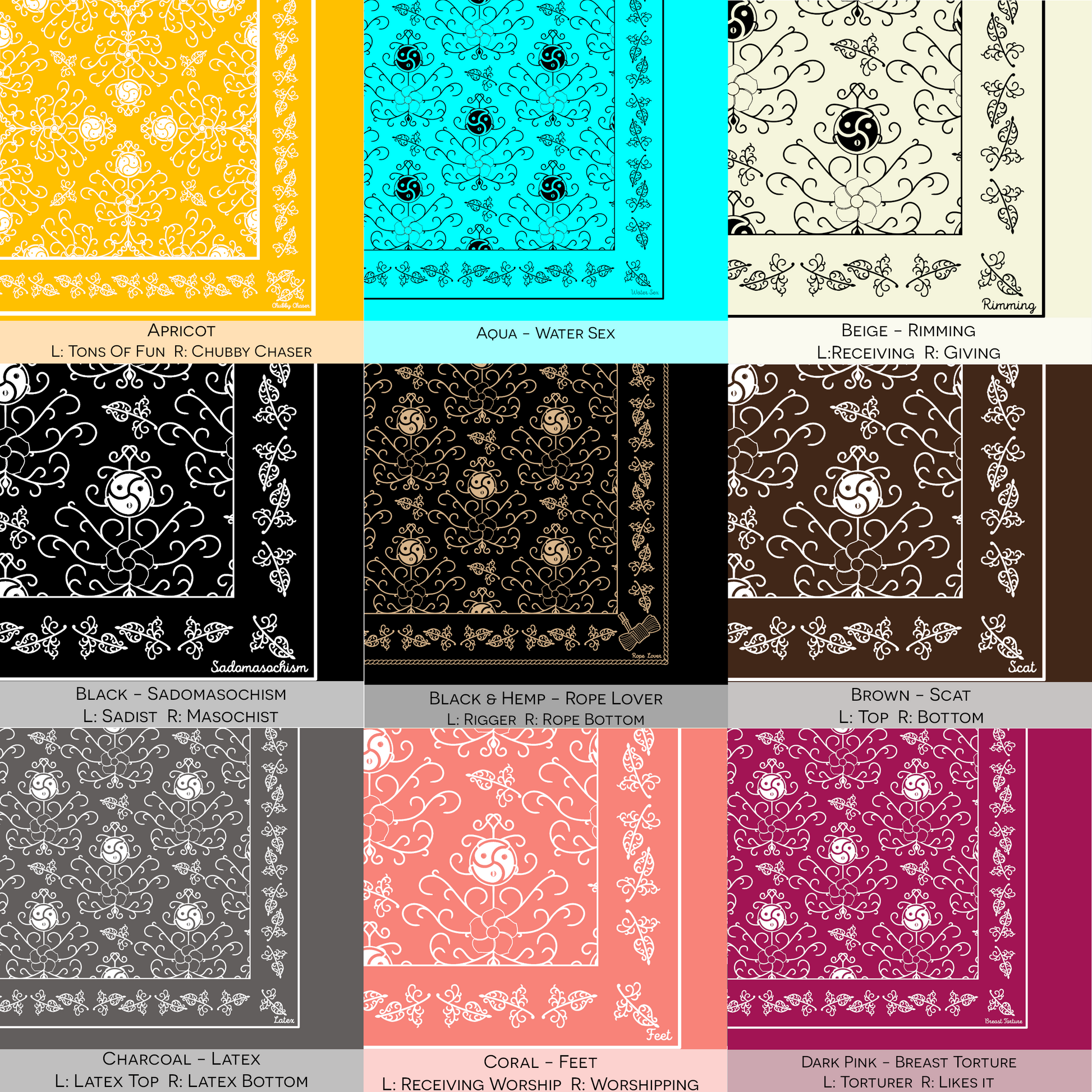A 9-swatch chart of hanky code bandanas. Colors include Apricot, Aqua, Beige, Black, Black & Hemp, Brown, Charcoal, Coral, and Dark Pink, with their associated kink meanings listed.
