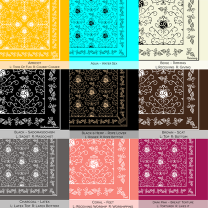 A 9-swatch chart of hanky code bandanas. Colors include Apricot, Aqua, Beige, Black, Black & Hemp, Brown, Charcoal, Coral, and Dark Pink, with their associated kink meanings listed.