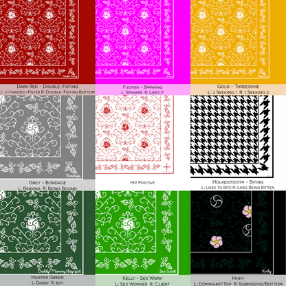 A 9-swatch chart of hanky code bandanas. Colors include Dark Red, Fuchsia, Gold, Grey, HIV Positive, Houndstooth, Hunter Green, Kelly, and Kinky, with their associated kink meanings listed.
