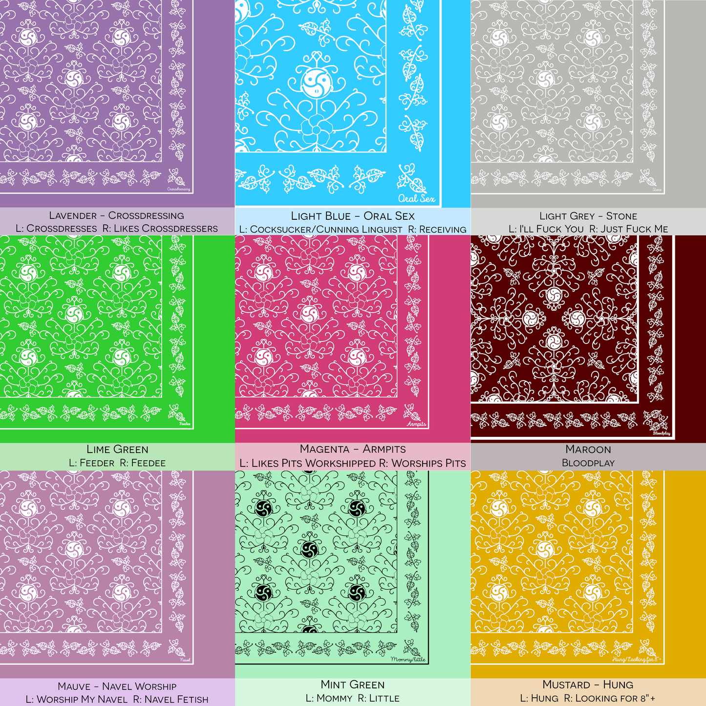 A 9-swatch chart of hanky code bandanas. Colors include Lavender, Light Blue, Light Grey, Lime Green, Magenta, Maroon, Mauve, Mint Green, and Mustard, with their associated kink meanings listed.