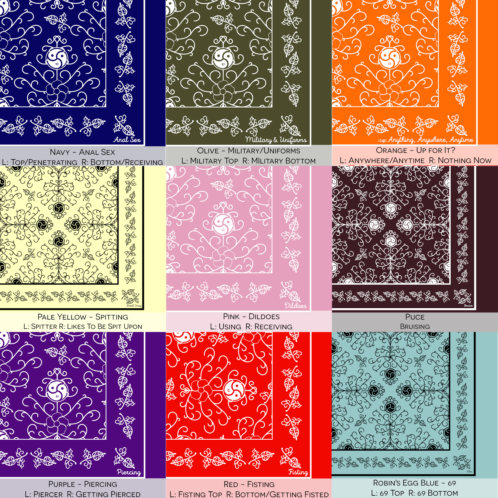 A 9-swatch chart of hanky code bandanas. Colors include Navy, Olive, Orange, Pale Yellow, Pink, Puce, Purple, Red, and Robin's Egg Blue, with their associated kink meanings listed.
