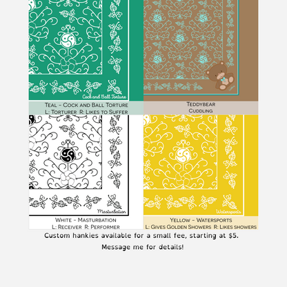 A 4-swatch chart of hanky code bandanas. Colors include Teal, Teddybear, White, and Yellow, with their associated kink meanings and a note about custom orders.