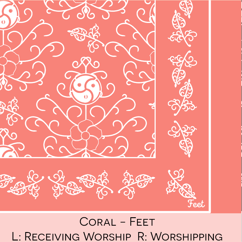 Close-up color swatch of the coral hanky code bandana with its meaning, 'feet', written below.