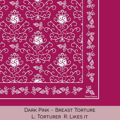 Close-up color swatch of the dark pink hanky code bandana with its meaning, 'breast torture', written below.