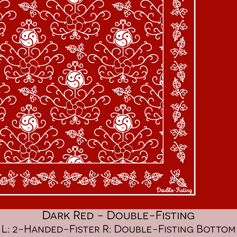 Close-up color swatch of the dark red hanky code bandana with its meaning, 'double fisting', written below.