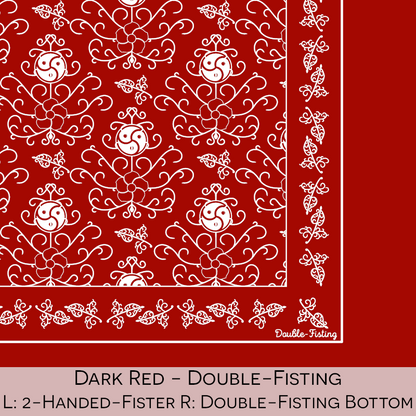 Close-up color swatch of the dark red hanky code bandana with its meaning, 'double fisting', written below.