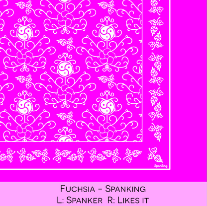 Close-up color swatch of the fuchsiahanky code bandana with its meaning, 'spanking', written below.