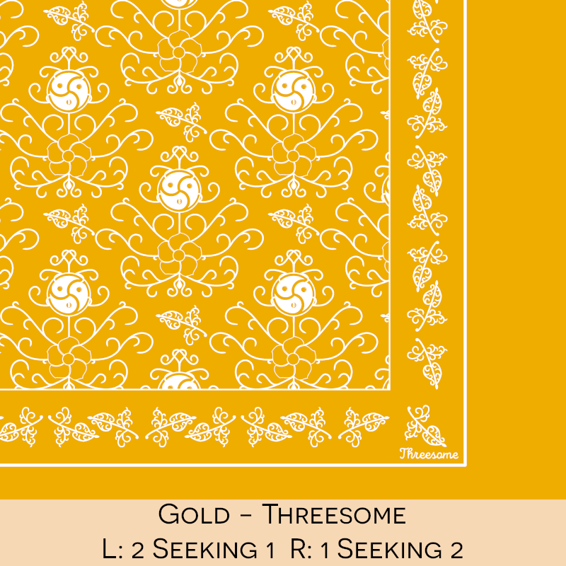 Close-up color swatch of the gold hanky code bandana with its meaning, 'threesome', written below.