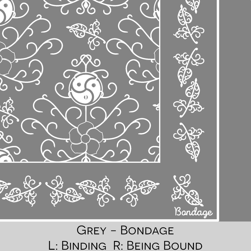 Close-up color swatch of the greyhanky code bandana with its meaning, 'bondage', written below.