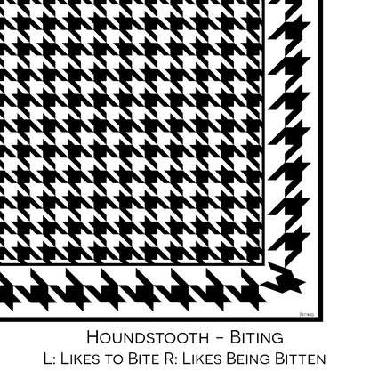 Close-up color swatch of the black and white houndstooth hanky code bandana with its meaning, 'biting', written below.