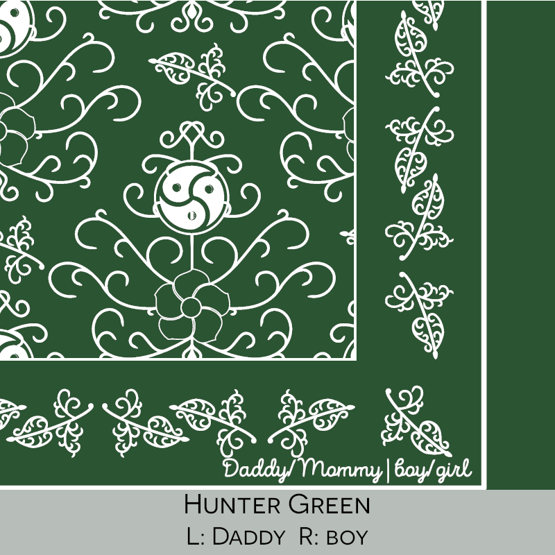 Close-up color swatch of the hunter green hanky code bandana with its meaning, 'Daddy/boy', written below.