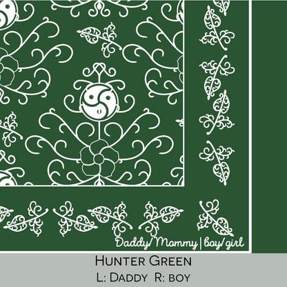 Close-up color swatch of the hunter green hanky code bandana with its meaning, 'Daddy/boy', written below.