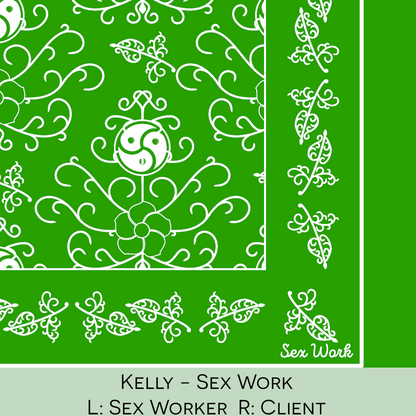 Close-up color swatch of the kelly green hanky code bandana with its meaning, 'sex work', written below.