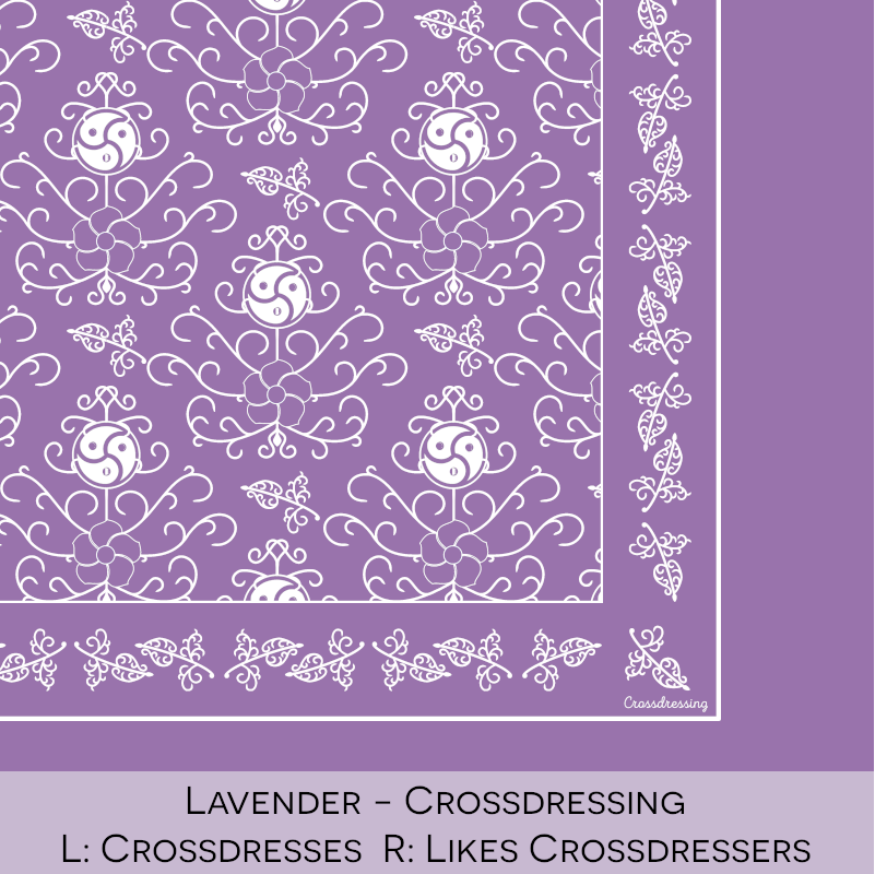 Close-up color swatch of the lavender hanky code bandana with its meaning, 'crossdressing', written below.