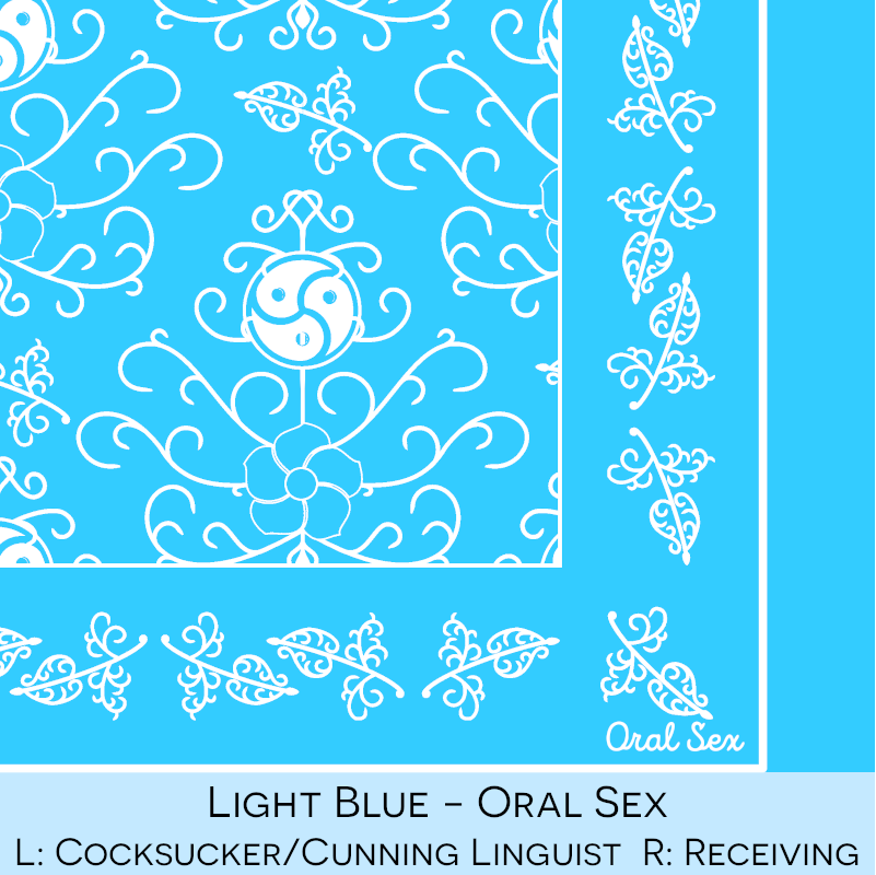Close-up color swatch of the light blue hanky code bandana with its meaning, 'oral sex', written below.