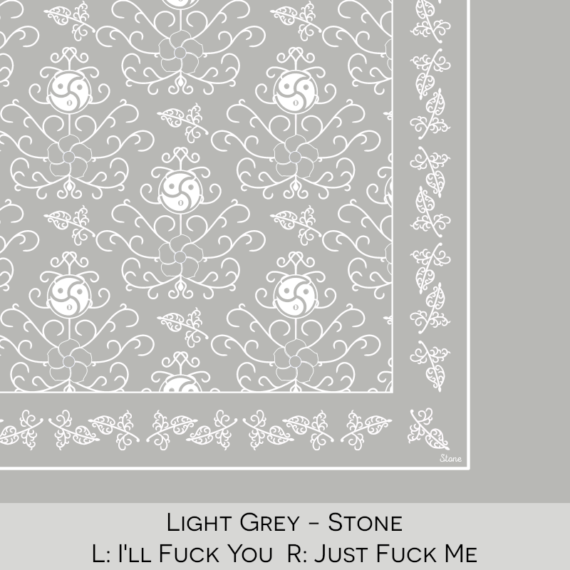 Close-up color swatch of the light grey hanky code bandana with its meaning, 'stone', written below.