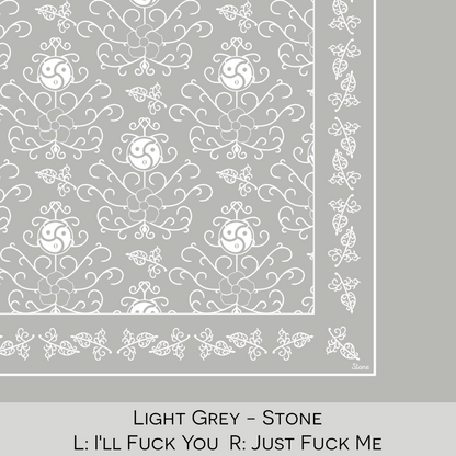 Close-up color swatch of the light grey hanky code bandana with its meaning, 'stone', written below.