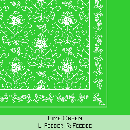 Close-up color swatch of the lime green hanky code bandana with its meaning, 'feeder', written below.