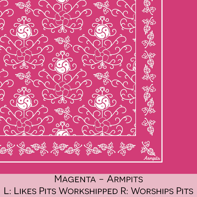 Close-up color swatch of the magenta hanky code bandana with its meaning, 'armpits', written below.