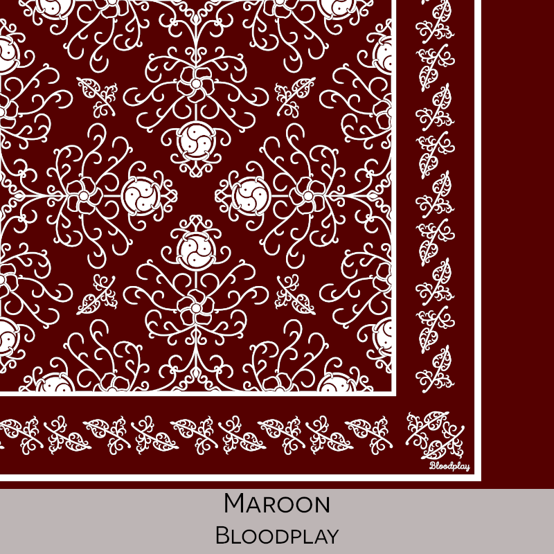 Close-up color swatch of the maroon hanky code bandana with its meaning, 'bloodplay', written below.