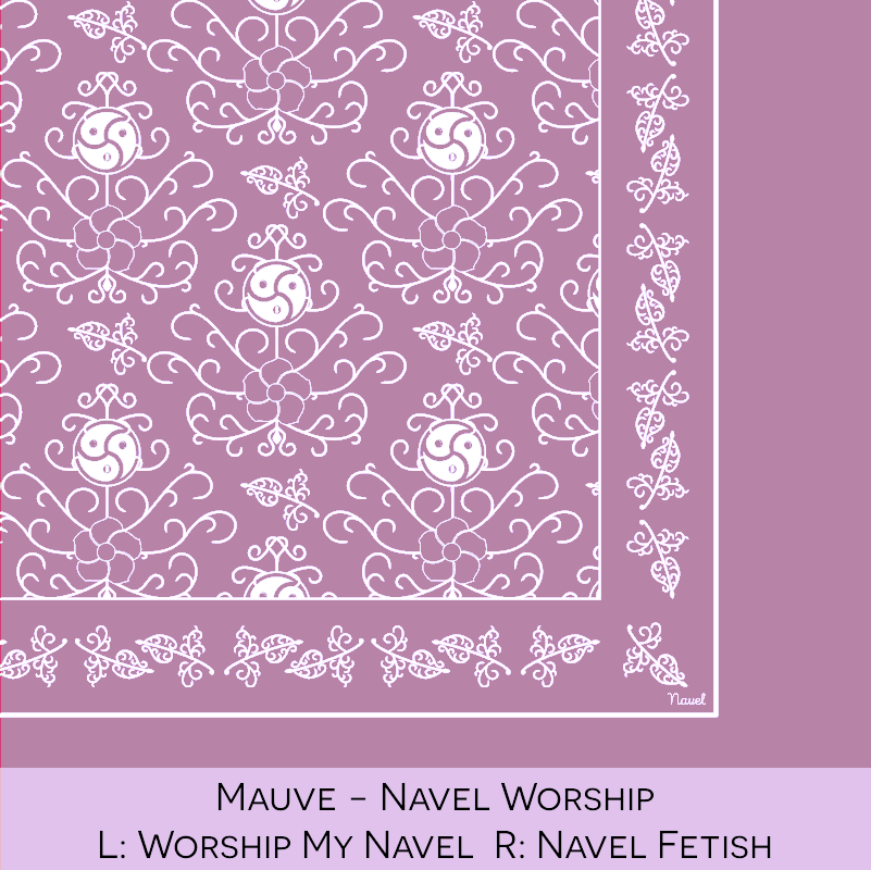 Close-up color swatch of the mauve hanky code bandana with its meaning, 'navel worship', written below.