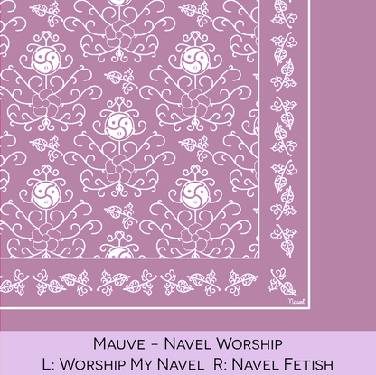 Close-up color swatch of the mauve hanky code bandana with its meaning, 'navel worship', written below.