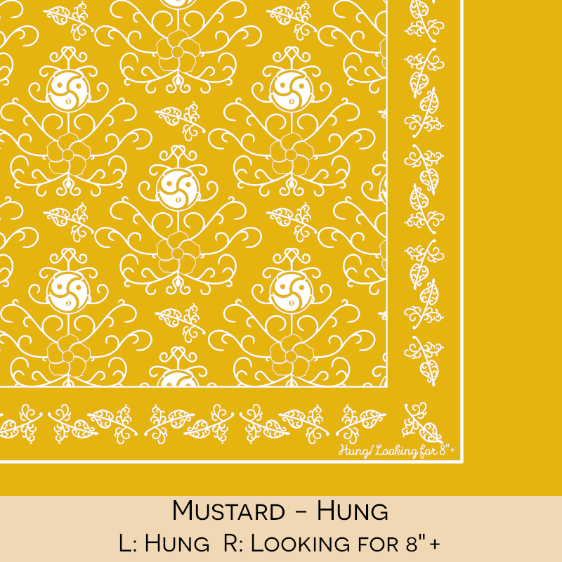 Close-up color swatch of the mustard hanky code bandana with its meaning, 'hung', written below.