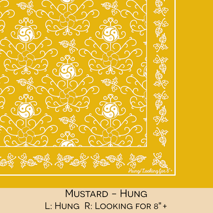 Close-up color swatch of the mustard hanky code bandana with its meaning, 'hung', written below.