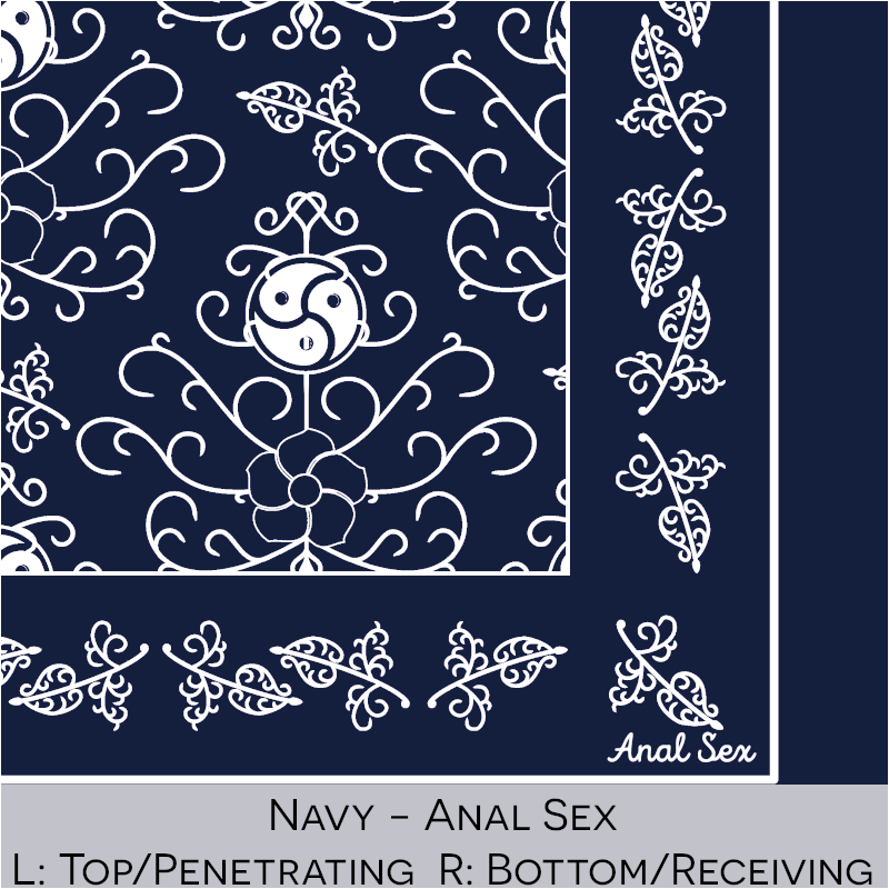 Close-up color swatch of the navy hanky code bandana with its meaning, 'anal sex', written below.