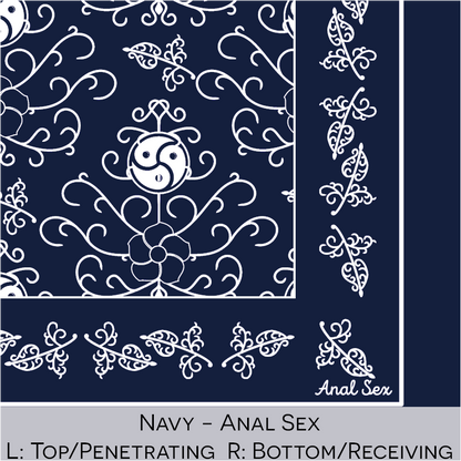 Close-up color swatch of the navy hanky code bandana with its meaning, 'anal sex', written below.